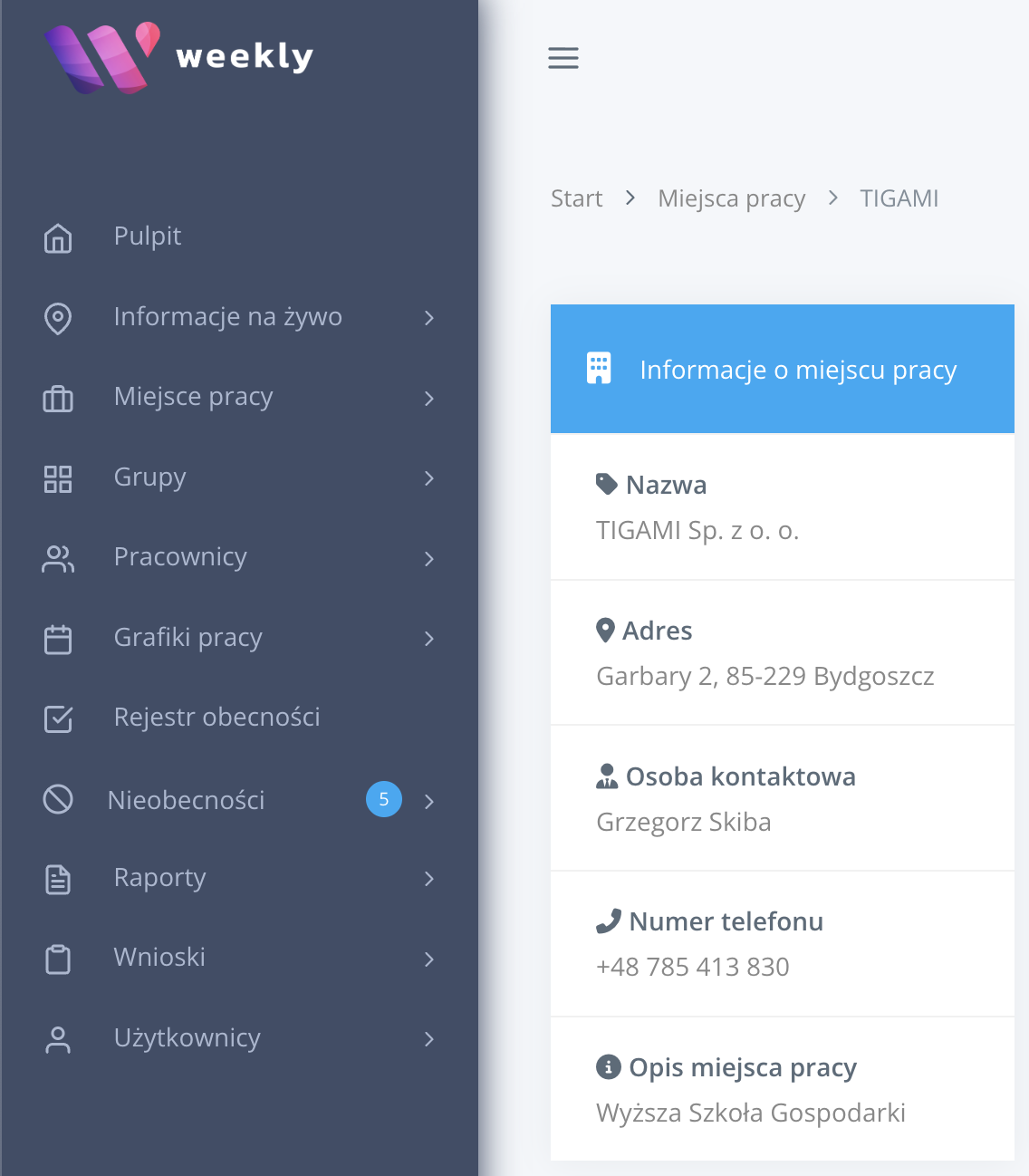 Podgląd miejsca pracy w aplikacji internetowej Weekly