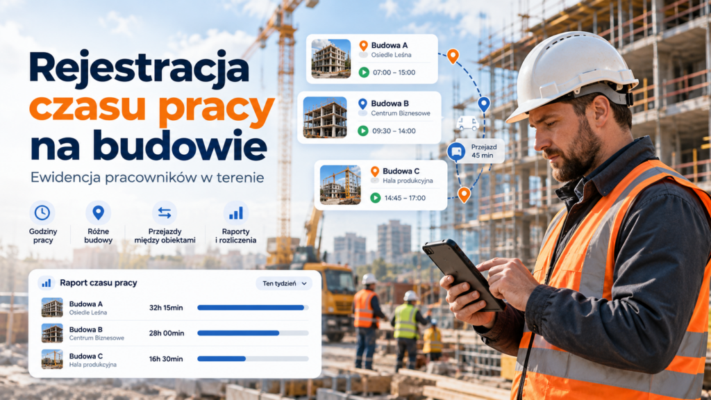 Pracownik budowlany rejestrujący czas pracy na budowie za pomocą aplikacji mobilnej